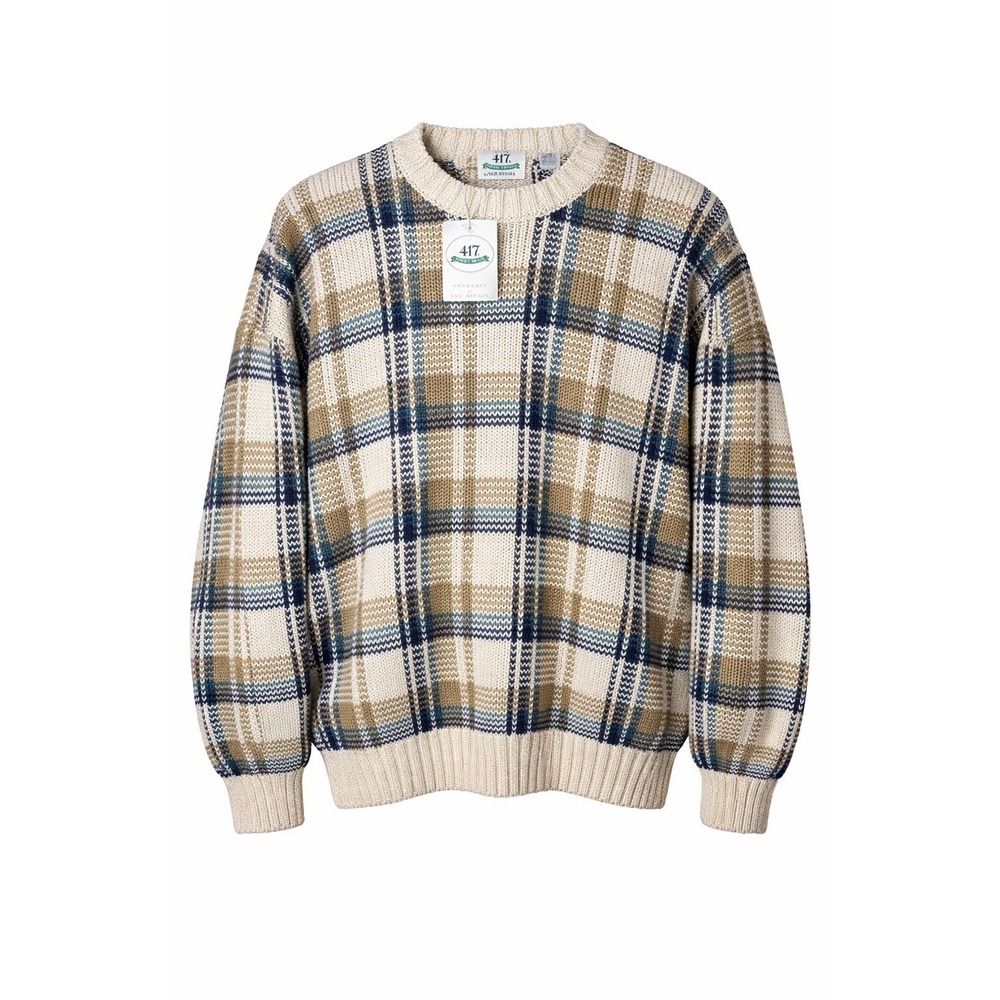 Van Heusen 417 Vintage Handknit Sweater Mens Large‎ NWT Blue Tan Plaid